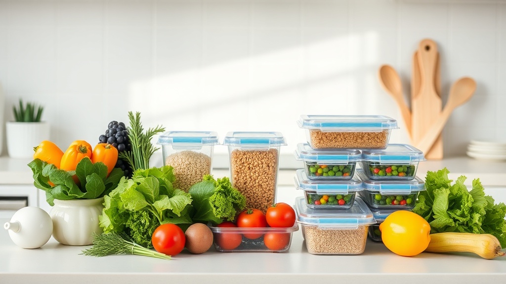 Organized kitchen countertop with fresh ingredients for meal prep