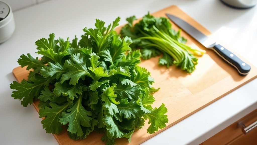 Organized kitchen countertop with fresh kale and meal prep tools