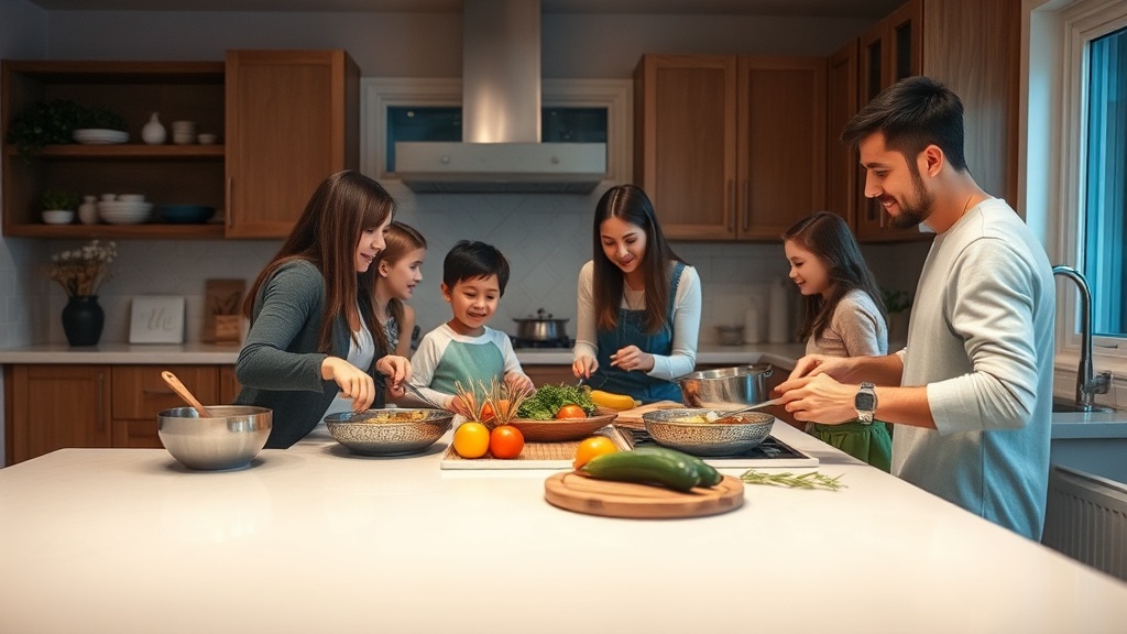 Family cooking together in a clean, organized kitchen