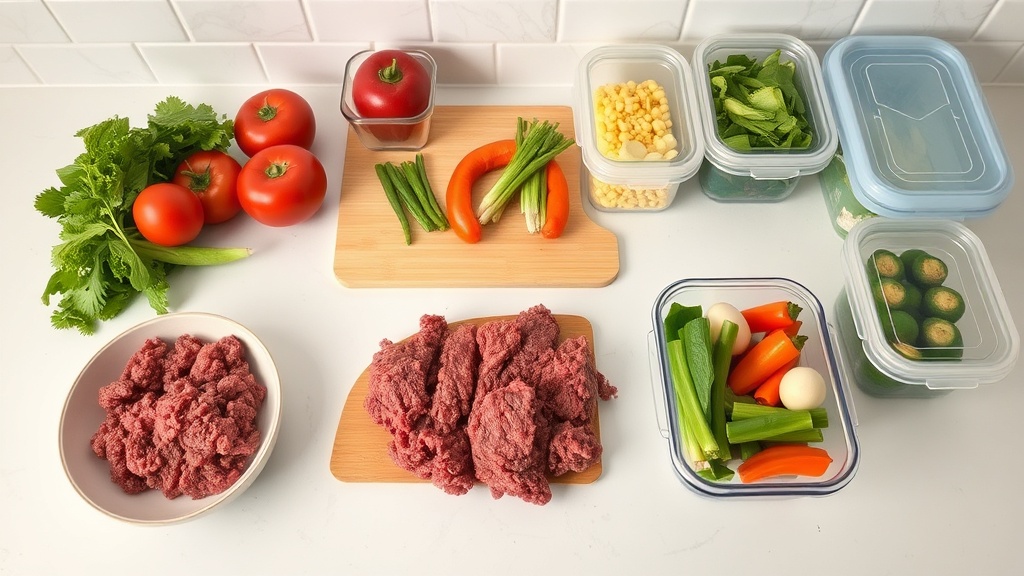 Organized kitchen countertop with meal prep ingredients