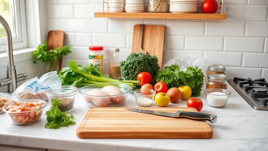 Organized kitchen countertop with fresh ingredients for meal prepping