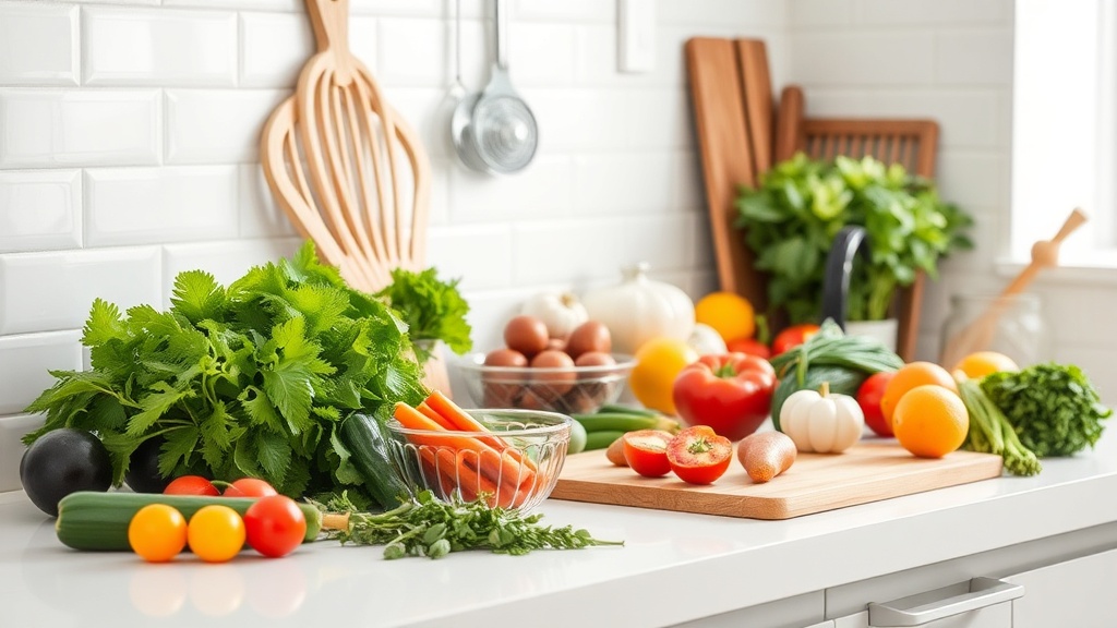 Organized kitchen countertop with fresh ingredients for meal prep