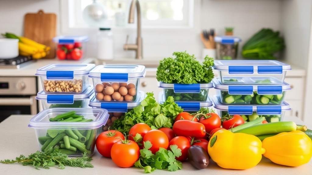 Organized kitchen countertop with fresh ingredients for meal prep
