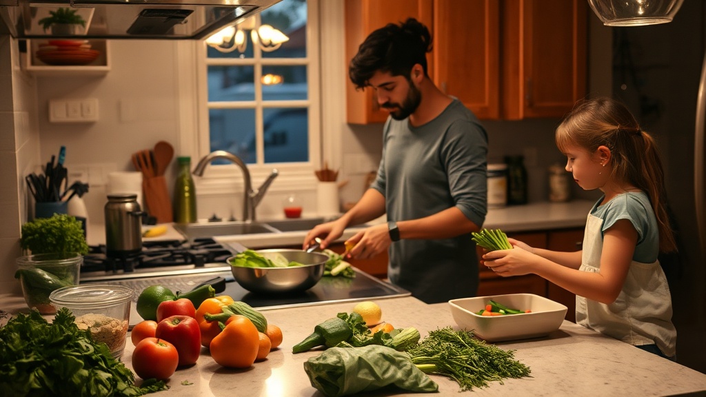 Parent cooking in a cozy kitchen with a child helping