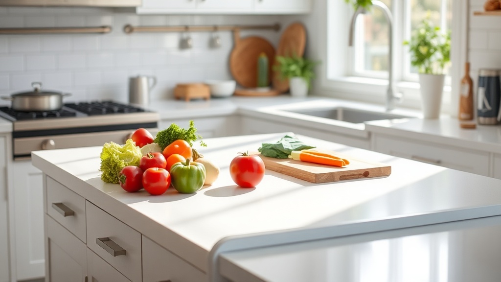 A clean kitchen countertop with fresh ingredients ready for meal prep