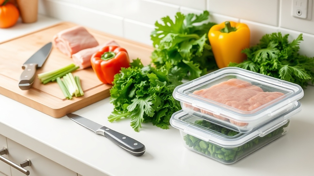 Organized kitchen countertop with fresh low-carb ingredients and meal prep containers