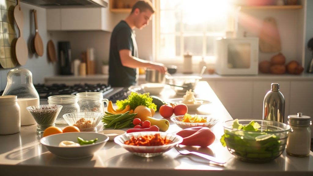A person preparing a healthy breakfast in a bright kitchen during a busy morning.