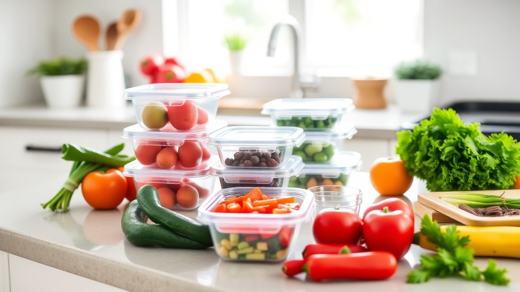 Organized kitchen countertop with meal prep ingredients