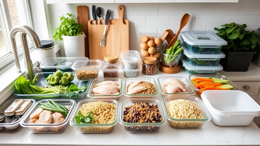 Organized kitchen countertop with high-protein meal prep ingredients