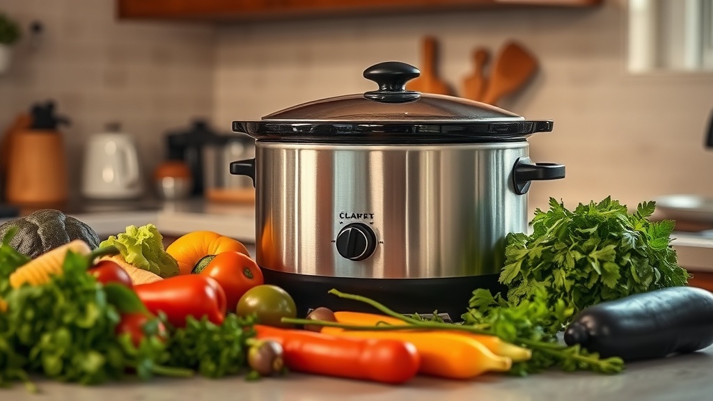Cozy kitchen with a slow cooker and fresh ingredients