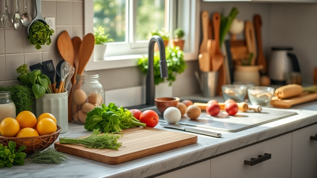 Organized kitchen countertop with fresh ingredients and cooking tools