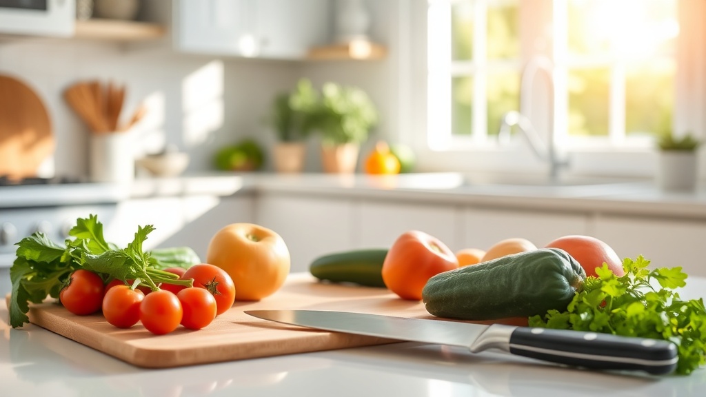 Bright kitchen with organized prep surface and fresh ingredients