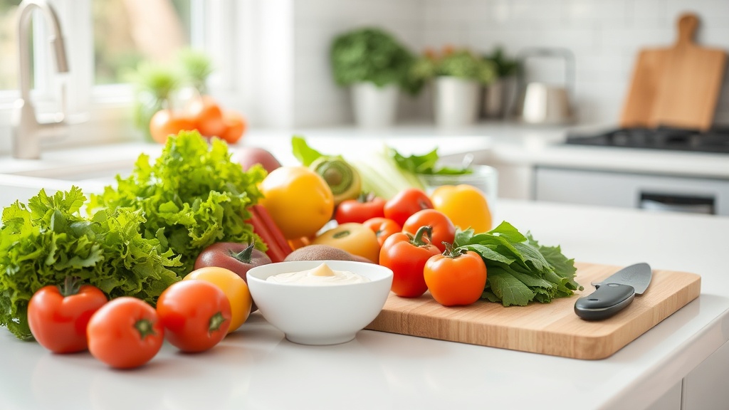 Organized kitchen countertop with fresh salad ingredients