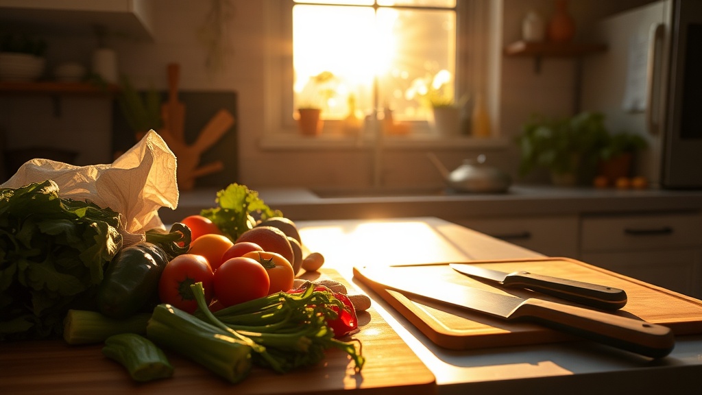 Cozy kitchen with fresh vegetables and a cutting board during golden hour