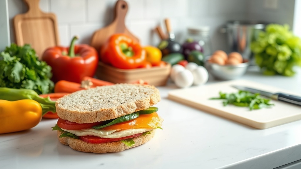 A clean kitchen countertop with ingredients for meal prep and a breakfast sandwich being assembled.