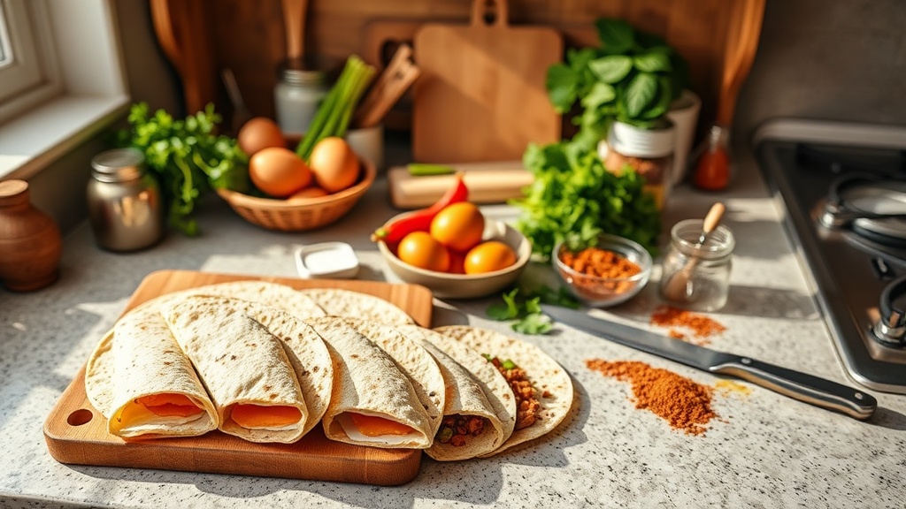Fresh ingredients for breakfast burritos on a kitchen countertop