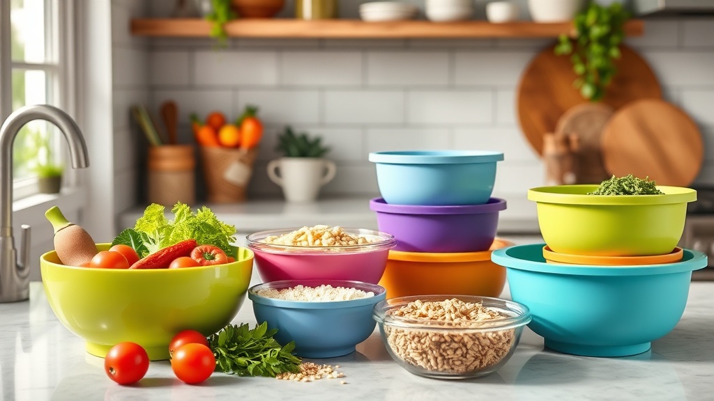 Organized kitchen countertop with colorful meal prep bowls and fresh ingredients
