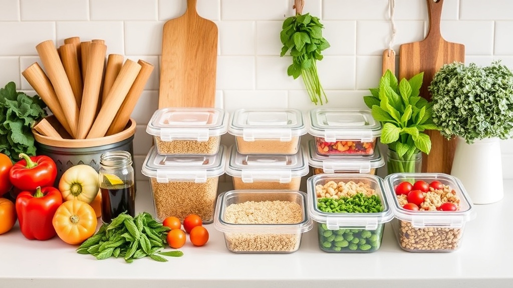 Organized kitchen countertop with fresh ingredients for meal prep