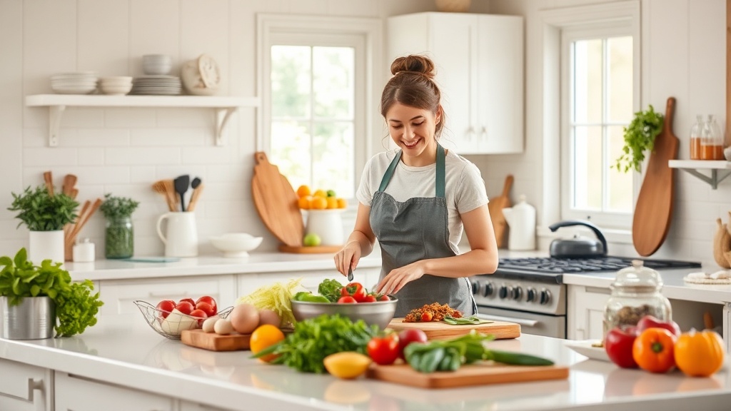 A home cook in a bright kitchen preparing a meal with fresh ingredients