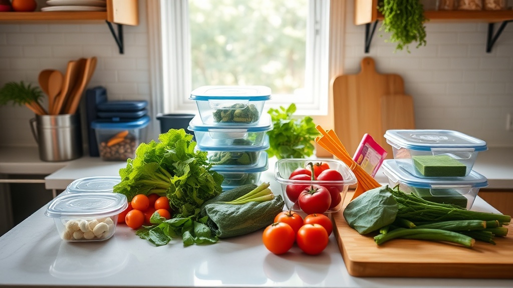 Clean kitchen countertop with meal prep ingredients and containers