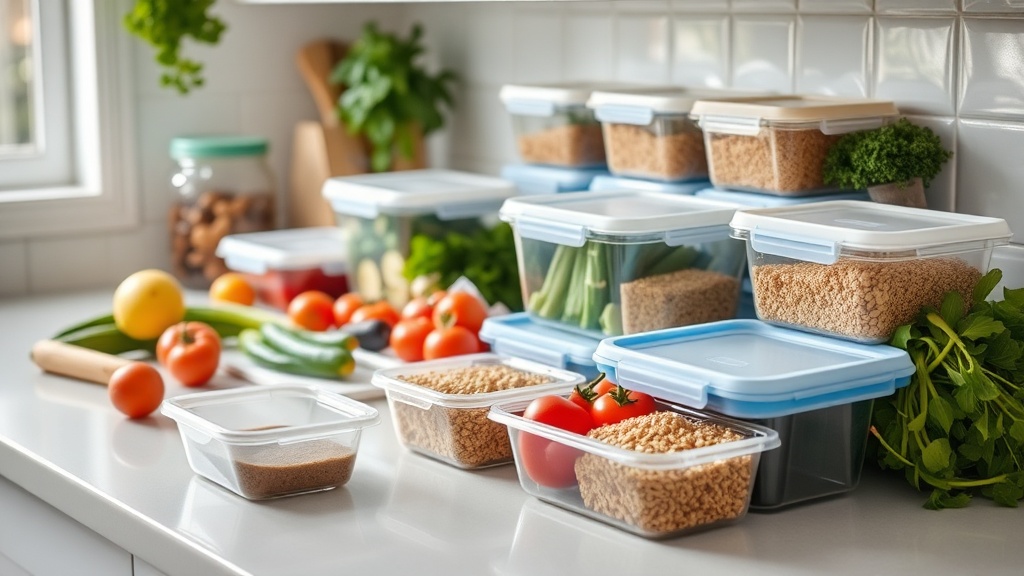 Organized kitchen countertop with fresh ingredients for meal prep