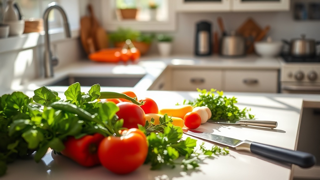 Bright kitchen with fresh vegetables on a clean prep surface