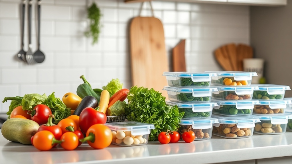 Organized kitchen countertop with fresh vegetables and meal prep containers