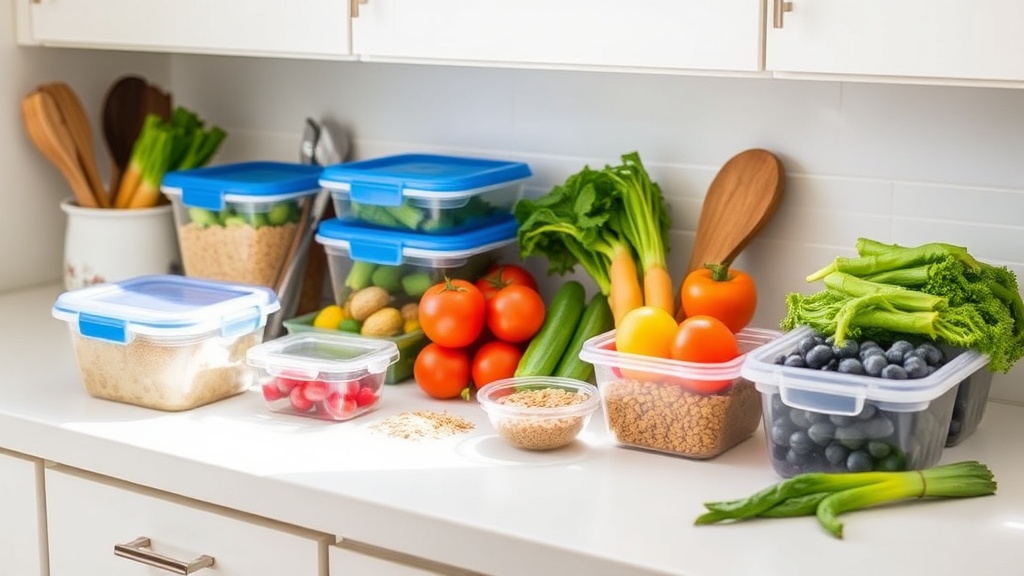 Organized kitchen countertop with fresh ingredients for meal prep