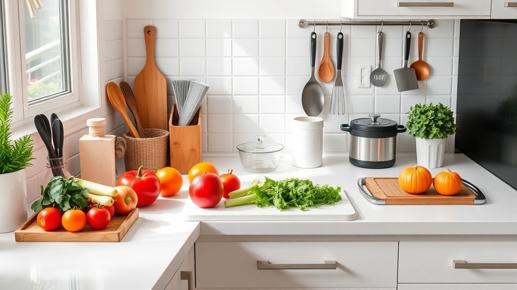 Organized kitchen countertop with fresh ingredients for meal prep