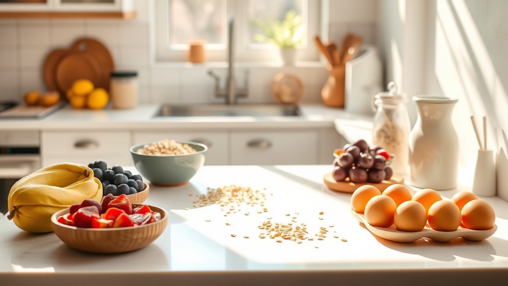 Bright kitchen with organized breakfast meal prep ingredients