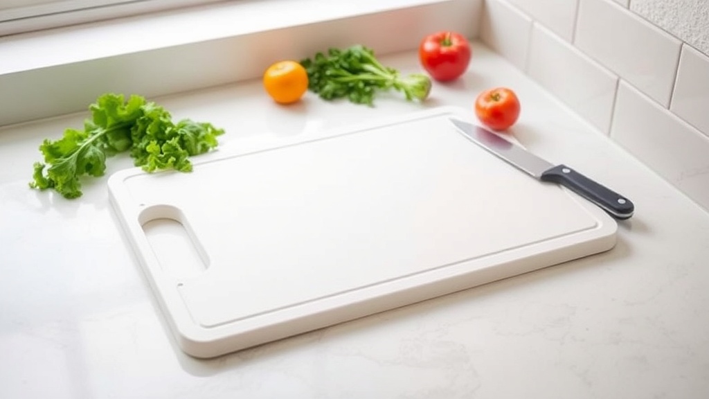 Organized kitchen countertop with cutting board and fresh vegetables