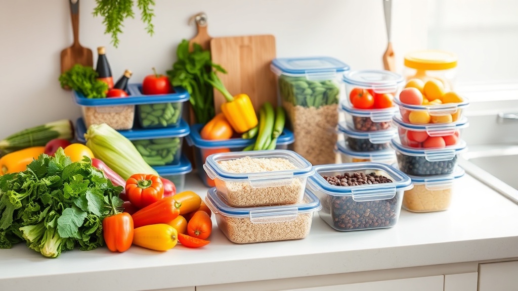 Organized kitchen countertop with fresh ingredients for meal prepping