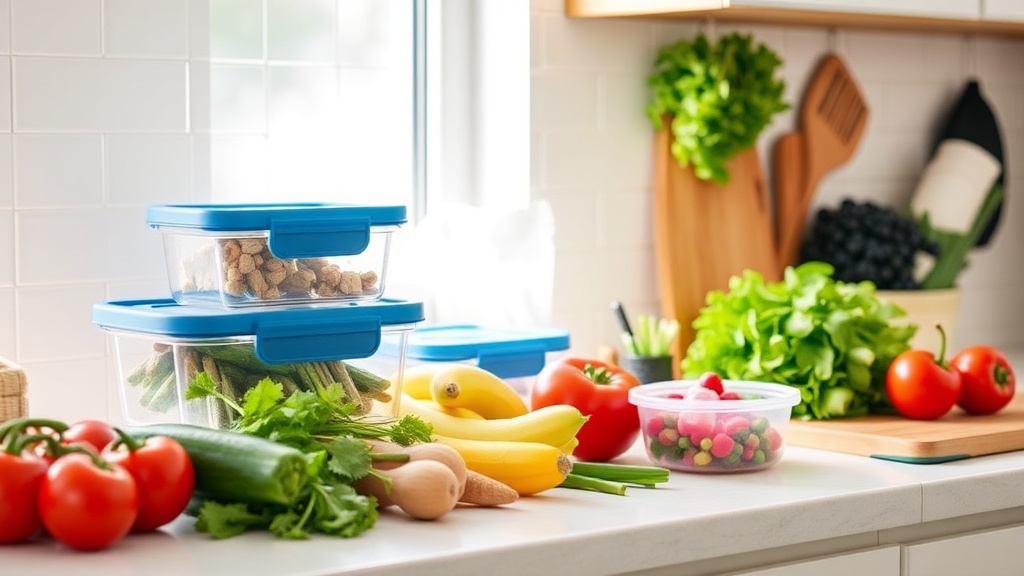 Organized kitchen countertop with fresh ingredients for meal prep