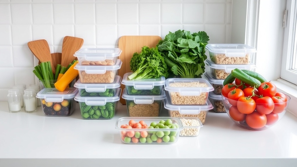 Organized kitchen countertop with fresh ingredients for meal prep