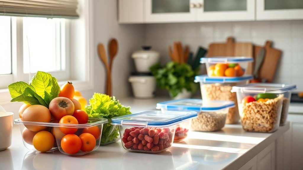 Organized kitchen countertop with meal prep containers and fresh ingredients