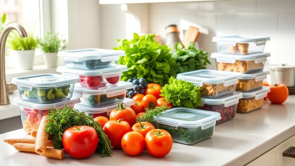 Organized kitchen countertop with fresh ingredients for meal prep