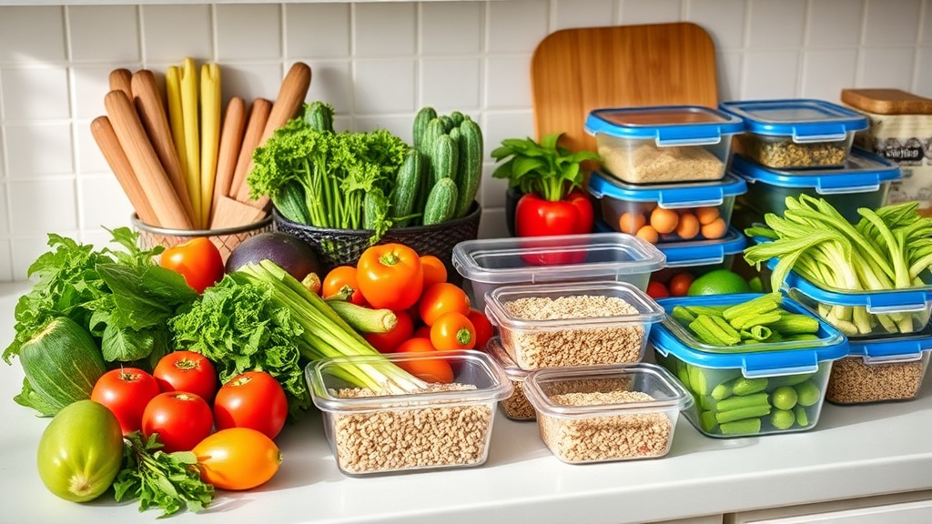 Organized kitchen countertop with fresh ingredients for meal prep