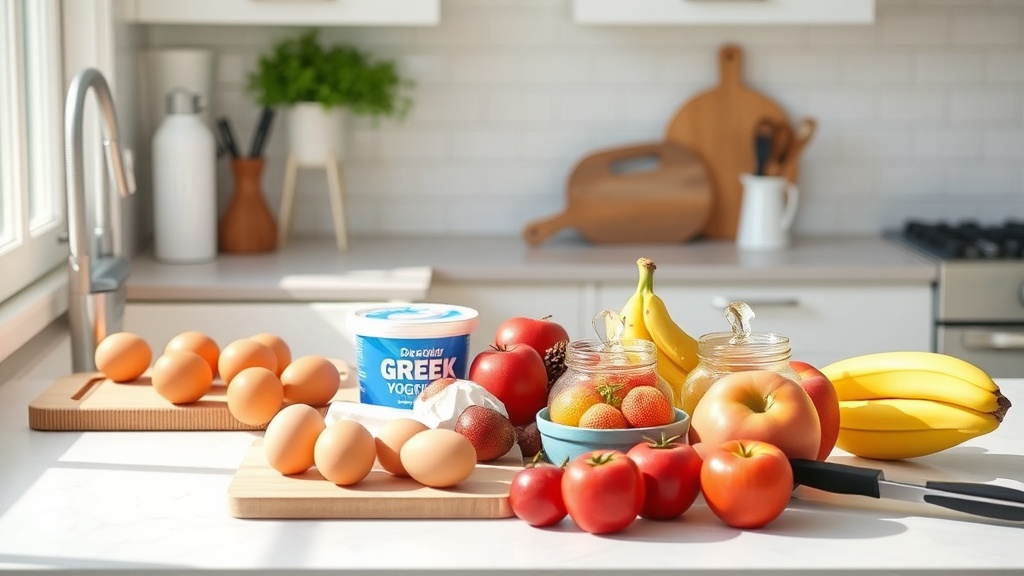 Bright kitchen with high-protein breakfast ingredients on the countertop