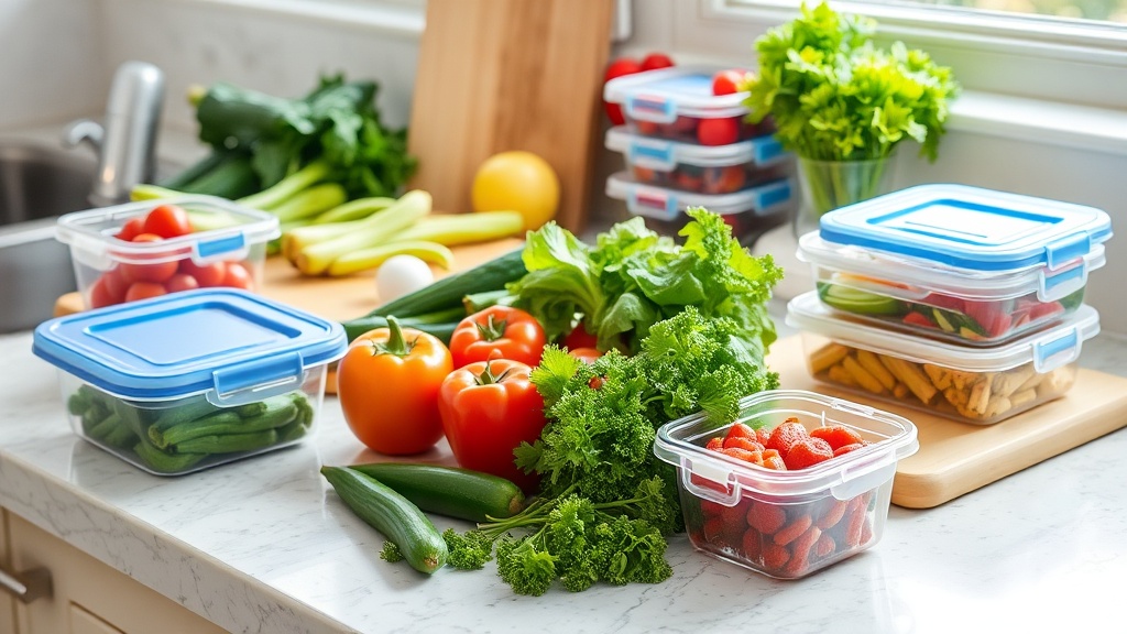 Organized kitchen countertop with fresh ingredients for meal prep