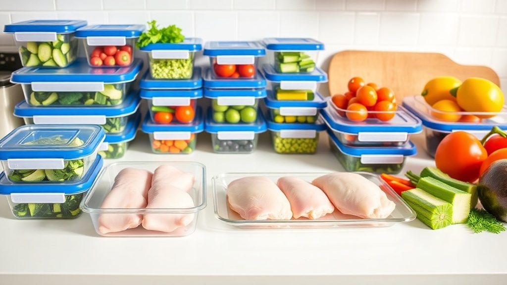 Organized kitchen countertop with chicken and vegetables for meal prep