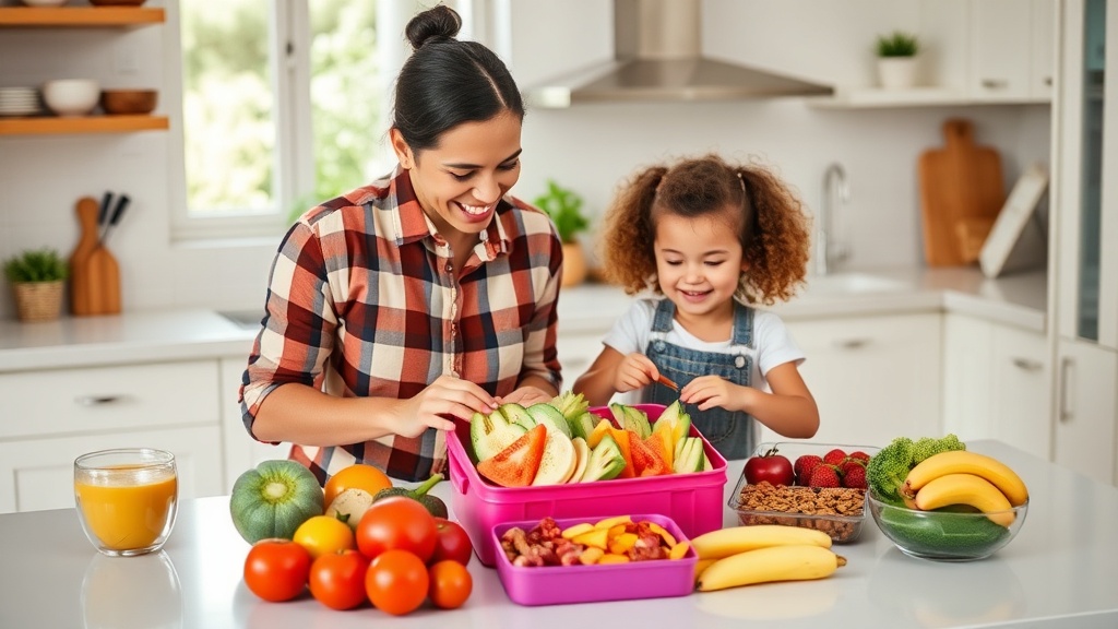Parent and child preparing a healthy lunchbox in a bright kitchen
