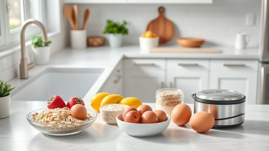 Bright kitchen with healthy breakfast ingredients on a clean countertop