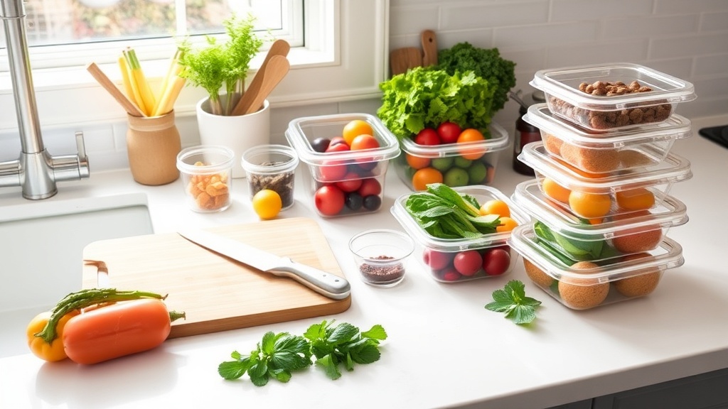 Organized kitchen countertop with fresh ingredients for meal prepping