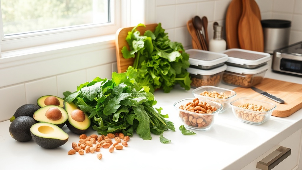 Organized kitchen countertop with fresh low-carb ingredients and modern meal prep tools