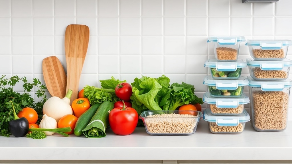 Organized kitchen countertop with fresh ingredients for meal prep