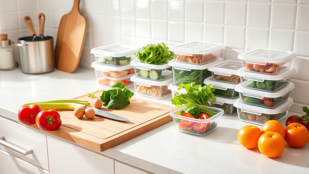 Organized kitchen countertop with meal prep tools and fresh ingredients