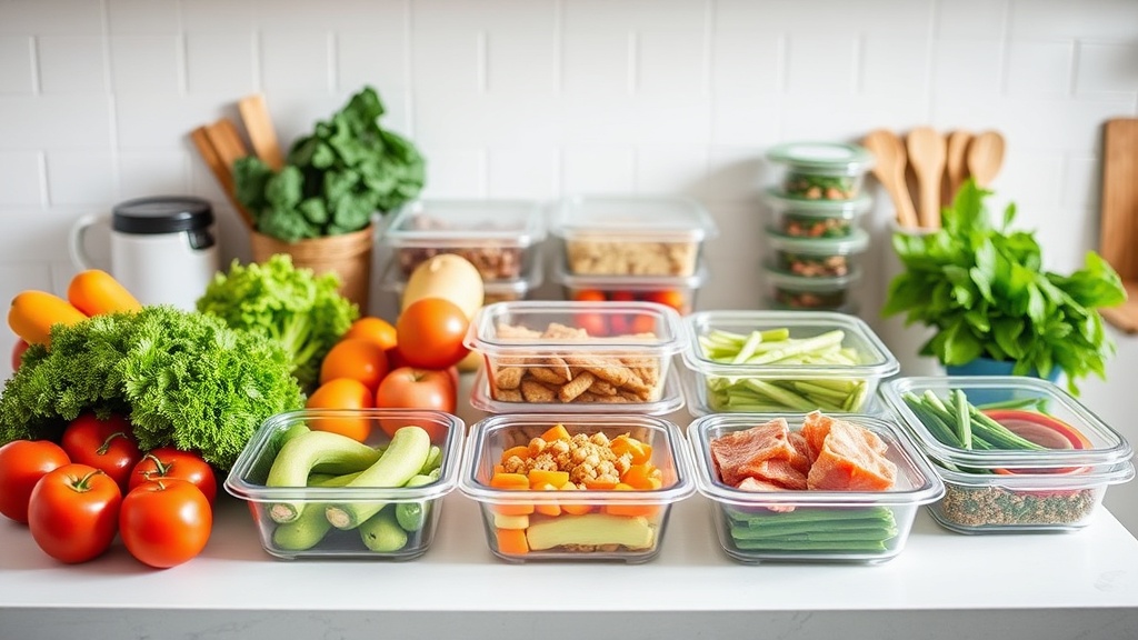 Organized kitchen countertop with fresh ingredients for meal prepping