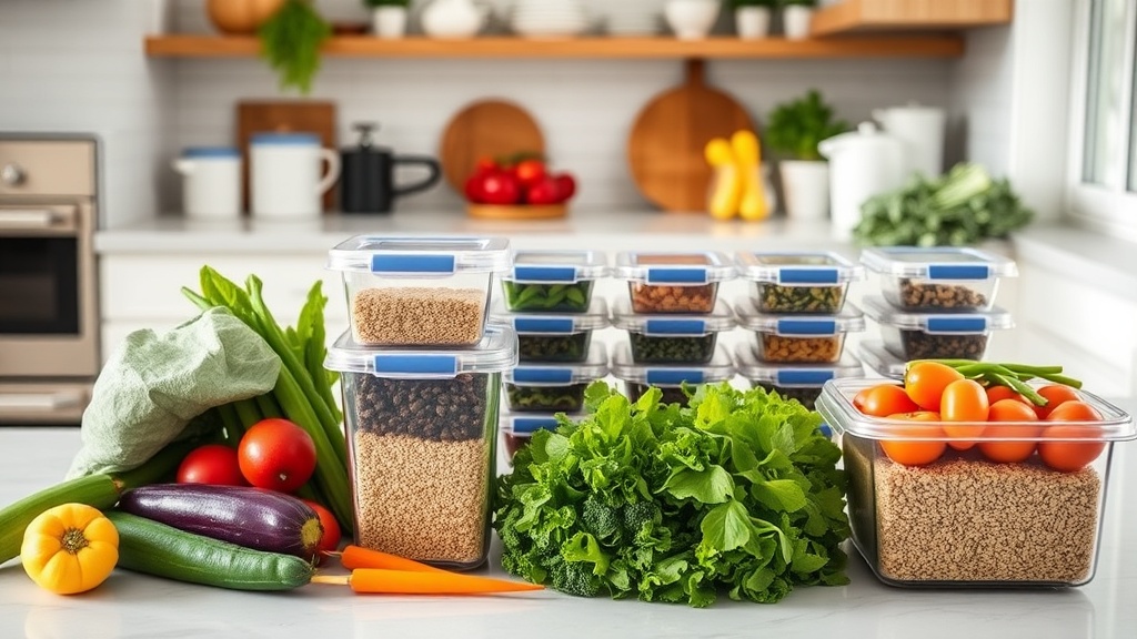 Organized kitchen countertop with fresh vegetables and meal prep containers
