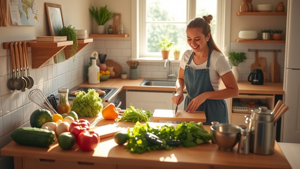 A person happily preparing vegetables in a sunny kitchen