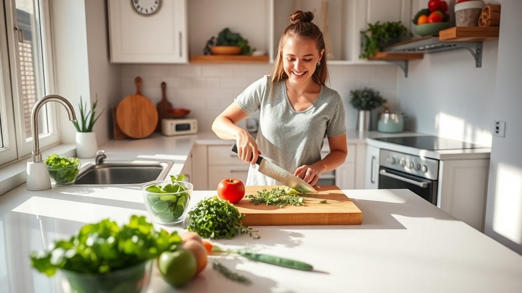 A person chopping vegetables in a bright kitchen, showcasing an organized meal prep setup.